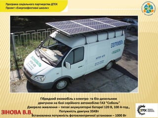 Гібридний екомобіль з електро- та біо-дизельним
двигуном на базі серійного автомобілю ГАЗ “Соболь”
Джерело живлення – тягові акумуляторні батареї 120 В, 100 А∙год.,
Потужність двигуна 35КВт
Встановлена потужність фотоелектричної установки – 1000 Вт
ЕКО - ТРАНСПОРТ
 