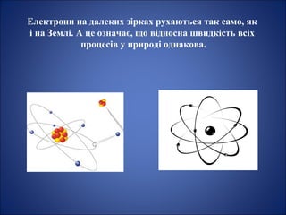 Електрони на далеких зірках рухаються так само, як
і на Землі. А це означає, що відносна швидкість всіх
процесів у природі однакова.
 
