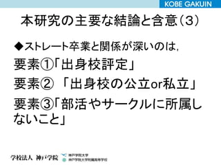 本研究の主要な結論と含意（３）
◆ストレート卒業と関係が深いのは，
要素①「出身校評定」
要素② 「出身校の公立or私立」
要素③「部活やサークルに所属し
ないこと」
 