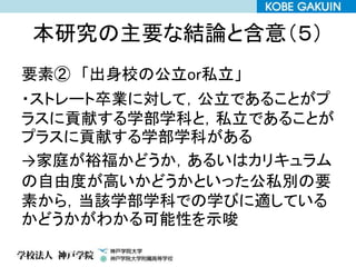 本研究の主要な結論と含意（５）
要素② 「出身校の公立or私立」
・ストレート卒業に対して，公立であることがプ
ラスに貢献する学部学科と，私立であることが
プラスに貢献する学部学科がある
→家庭が裕福かどうか，あるいはカリキュラム
の自由度が高いかどうかといった公私別の要
素から，当該学部学科での学びに適している
かどうかがわかる可能性を示唆
 