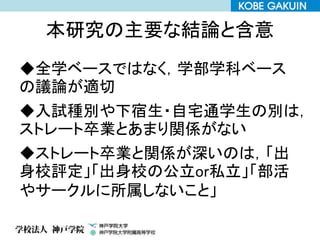 本研究の主要な結論と含意
◆全学ベースではなく，学部学科ベース
の議論が適切
◆入試種別や下宿生・自宅通学生の別は，
ストレート卒業とあまり関係がない
◆ストレート卒業と関係が深いのは，「出
身校評定」「出身校の公立or私立」「部活
やサークルに所属しないこと」
 