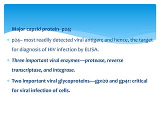  Major capsid protein- p24;
 p24– most readily detected viral antigen; and hence, the target
for diagnosis of HIV infection by ELISA.
 Three important viral enzymes—protease, reverse
transcriptase, and integrase.
 Two important viral glycoproteins—gp120 and gp41: critical
for viral infection of cells.
 