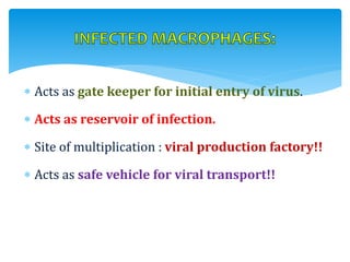  Acts as gate keeper for initial entry of virus.
 Acts as reservoir of infection.
 Site of multiplication : viral production factory!!
 Acts as safe vehicle for viral transport!!
 