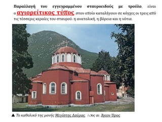  Το καθολικό της μονής Μεγίστης Λαύρας, 10ος αι. Άγιον Όρος.
Παραλλαγή του εγγεγραμμένου σταυροειδούς με τρούλο, είναι
ο αγιορείτικος τύπος, στον οποίο καταλήγουν σε κόγχες οι τρεις από
τις τέσσερις κεραίες του σταυρού: η ανατολική, η βόρεια και η νότια.
 