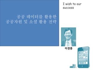 이경종
I wish to our
success
공공 데이터를 활용한
공공자원 및 소셜 활용 전략
 