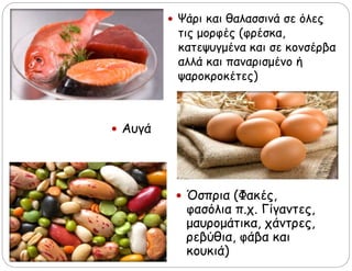  Ψάρι και θαλασσινά σε όλες
τις μορφές (φρέσκα,
κατεψυγμένα και σε κονσέρβα
αλλά και παναρισμένο ή
ψαροκροκέτες)
 Αυγά
 Όσπρια (Φακές,
φασόλια π.χ. Γίγαντες,
μαυρομάτικα, χάντρες,
ρεβύθια, φάβα και
κουκιά)
 