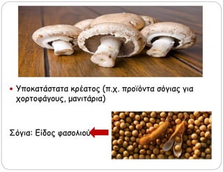  Υποκατάστατα κρέατος (π.χ. προϊόντα σόγιας για
χορτοφάγους, μανιτάρια)
Σόγια: Είδος φασολιού
 