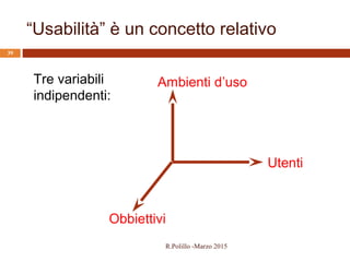 “Usabilità” è un concetto relativo
39
Ambienti d’uso
Obbiettivi
Utenti
Tre variabili
indipendenti:
R.Polillo -Marzo 2015
 