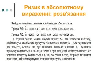 Ризик в абсолютному
вираженні: розв'язання
 