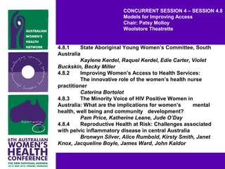 CONCURRENT SESSION 4 – SESSION 4.8
Models for Improving Access
Chair: Patsy Molloy
Woolstore Theatrette
4.8.1 State Aboriginal Young Women’s Committee, South
Australia
Kaylene Kerdel, Raquel Kerdel, Edie Carter, Violet
Buckskin, Becky Miller
4.8.2 Improving Women’s Access to Health Services:
The innovative role of the women’s health nurse
practitioner
Caterina Bortolot
4.8.3 The Minority Voice of HIV Positive Women in
Australia: What are the implications for women’s mental
health, well being and community development?
Pam Price, Katherine Leane, Jude O’Day
4.8.4 Reproductive Health at Risk: Challenges associated
with pelvic inflammatory disease in central Australia
Bronwyn Silver, Alice Rumbold, Kirsty Smith, Janet
Knox, Jacqueline Boyle, James Ward, John Kaldor
 