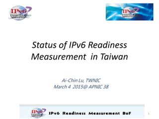 Status of IPv6 Readiness
Measurement in Taiwan
Ai-Chin Lu, TWNIC
March 4 2015@ APNIC 38
1
 
