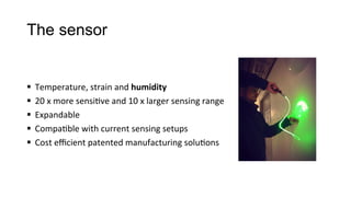 The sensor
§  Temperature,	
  strain	
  and	
  humidity	
  
§  20	
  x	
  more	
  sensi3ve	
  and	
  10	
  x	
  larger	
  sensing	
  range	
  
§  Expandable	
  
§  Compa3ble	
  with	
  current	
  sensing	
  setups	
  
§  Cost	
  eﬃcient	
  patented	
  manufacturing	
  solu3ons	
  
 
