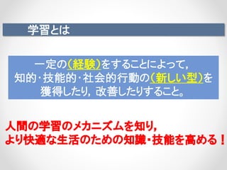 学習とは
人間の学習のメカニズムを知り，
より快適な生活のための知識・技能を高める！
一定の（経験）をすることによって，
知的・技能的・社会的行動の（新しい型）を
獲得したり，改善したりすること。
 