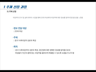 3) 주제 선정
1 주제 선정 과정
-정보 전달 대상
: 20대 여성
!
-주제
: 경구/사후피임약 성분과 특징
!
-목적
: 경구/사후피임약의 성분과 특징, 장단점에 대한 정확한 정보를 알려줌으로써
여성들이 자신의 몸에 맞는 피임약을 올바르게 복용할 수 있도록 도움을 주고자 함
피임약의 인식 및 실태 데이터 수집을 통해 20대 여성에게 피임약에 대한 정보를 알려야 할 필요성을 느꼈음
 