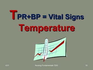 TTPR+BP = Vital SignsPR+BP = Vital Signs
TemperatureTemperature
4.01 Nursing Fundamentals 7243 10
 