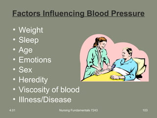 Factors Influencing Blood Pressure
• Weight
• Sleep
• Age
• Emotions
• Sex
• Heredity
• Viscosity of blood
• Illness/Disease
4.01 Nursing Fundamentals 7243 103
 