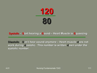 4.01 Nursing Fundamentals 7243 111
SystolicSystolic –– SStart hearing atart hearing a SSound – Heart Muscle isound – Heart Muscle is SSqueezingqueezing
DiastolicDiastolic –– DDon’t hear sound anymore – Heart muscleon’t hear sound anymore – Heart muscle ddoes notoes not
work duringwork during ddiastolic. This number is writteniastolic. This number is written ddown under theown under the
systolic number.systolic number.
120120
8080
 