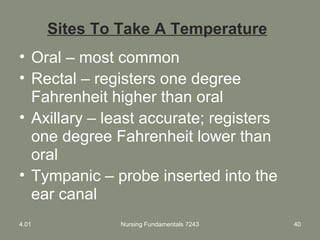 Sites To Take A Temperature
• Oral – most common
• Rectal – registers one degree
Fahrenheit higher than oral
• Axillary – least accurate; registers
one degree Fahrenheit lower than
oral
• Tympanic – probe inserted into the
ear canal
4.01 Nursing Fundamentals 7243 40
 