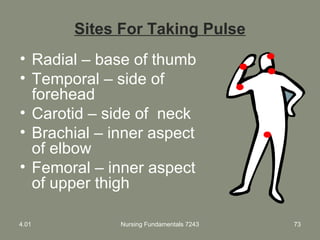 Sites For Taking Pulse
• Radial – base of thumb
• Temporal – side of
forehead
• Carotid – side of neck
• Brachial – inner aspect
of elbow
• Femoral – inner aspect
of upper thigh
4.01 Nursing Fundamentals 7243 73
 