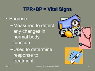 TPR+BP = Vital SignsTPR+BP = Vital Signs
• Purpose
–Measured to detect
any changes in
normal body
function
–Used to determine
response to
treatment
4.01 Nursing Fundamentals 7243 9
 
