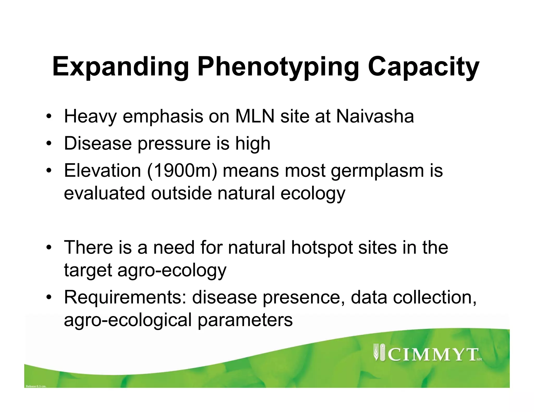 Expanding Phenotyping Capacity
• Heavy emphasis on MLN site at Naivasha
• Disease pressure is high
• Elevation (1900m) means most germplasm is
evaluated outside natural ecology
• There is a need for natural hotspot sites in the
target agro-ecology
• Requirements: disease presence, data collection,
agro-ecological parameters
 