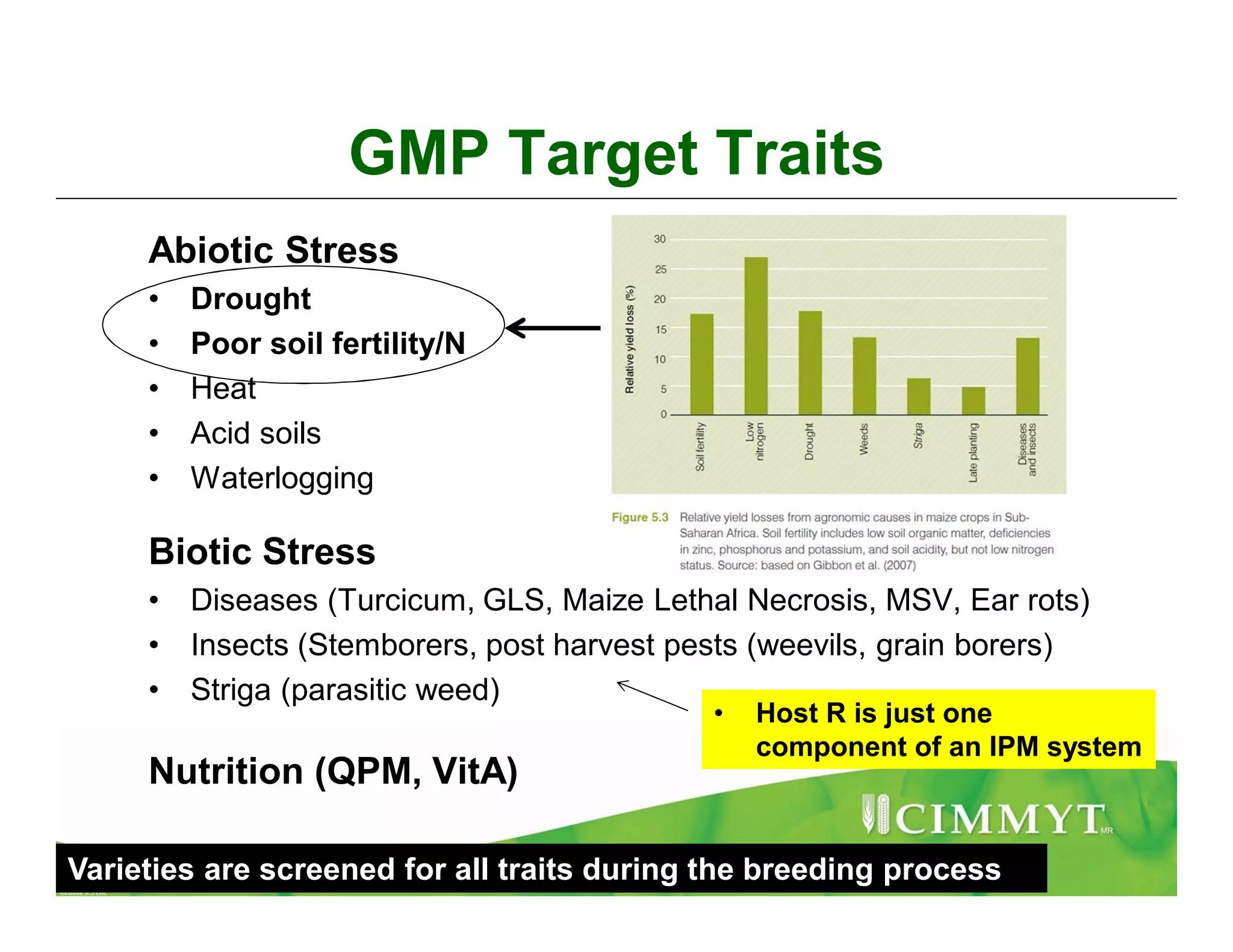 GMP Target Traits
Abiotic Stress
• Drought
• Poor soil fertility/N
• Heat
• Acid soils
• Waterlogging
Biotic Stress
• Diseases (Turcicum, GLS, Maize Lethal Necrosis, MSV, Ear rots)
• Insects (Stemborers, post harvest pests (weevils, grain borers)
• Striga (parasitic weed)
Nutrition (QPM, VitA)
• Host R is just one
component of an IPM system
Varieties are screened for all traits during the breeding process
 