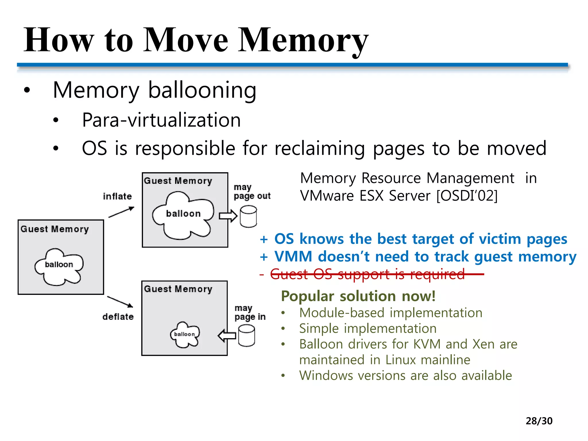 How to Move Memory
• Memory ballooning
• Para-virtualization
• OS is responsible for reclaiming pages to be moved
Memory Resource Management in
VMware ESX Server [OSDI’02]
+ OS knows the best target of victim pages
+ VMM doesn’t need to track guest memory
- Guest OS support is required
Popular solution now!
• Module-based implementation
• Simple implementation
• Balloon drivers for KVM and Xen are
maintained in Linux mainline
• Windows versions are also available
28/30
 