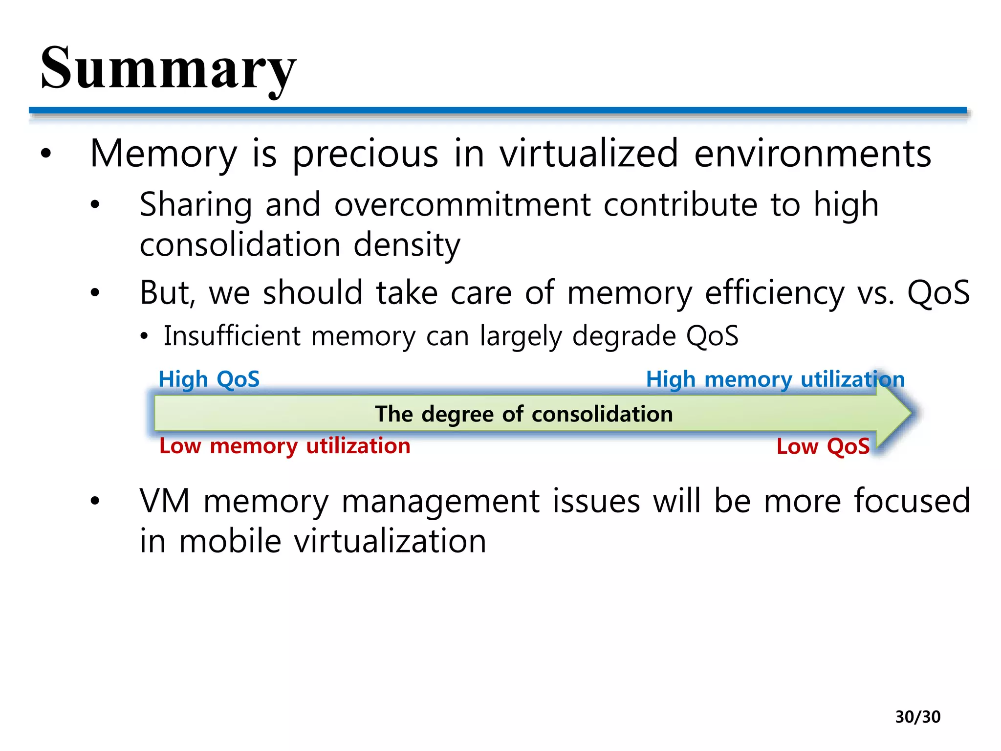 Summary
• Memory is precious in virtualized environments
• Sharing and overcommitment contribute to high
consolidation density
• But, we should take care of memory efficiency vs. QoS
• Insufficient memory can largely degrade QoS
• VM memory management issues will be more focused
in mobile virtualization
The degree of consolidation
High QoS
Low memory utilization Low QoS
High memory utilization
30/30
 