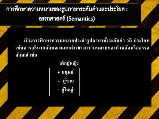 เป็ นการศึกษาความหมายประจารูปภาษาทั้งระดับคา วลี ประโยค
เช่นการอธิบายลักษณะแตกต่างทางความหมายของคาหลักหรืออรรถ
ลักษณ์ เช่น
เด็กผู้หญิง
+ มนุษย์
- ผู้ชาย
- ผู้ใหญ่
 