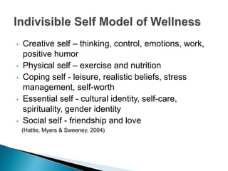 • Creative self – thinking, control, emotions, work,
positive humor
• Physical self – exercise and nutrition
• Coping self...