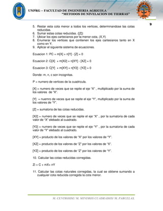 UNPRG – FACULTAD DE INGENIERIA AGRICOLA
“METODOS DE NIVELACION DE TIERRAS”
M. CENTROIDE/ M. MINIMOS CUADRADOS/ M. PARCELAS.
9
5. Restar esta cota menor a todos los vertices, determinandose las cotas
reducidas.
6. Sumar estas cotas reducidas. ([Z])
7. Ubicar los ejes cartecianos por la menor cota. (X,Y)
8. Enumerar los vertices que contienen los ejes cartesianos tanto en X
como en Y.
9. Aplicar el siguiente sistema de ecuaciones.
Ecuacion 1: PC + m[X] + n[Y] - [Z] = 0
Ecuacion 2: C[X] + m[X2] + n[XY] - [XZ] = 0
Ecuacion 3: C[Y] + m[XY] + n[Y2] - [YZ] = 0
Donde: m, n, c son incognitas.
P = numero de vertices de la cuadricula.
[X] = numero de veces que se repite el eje “X” , multiplicado por la suma de
los valores de “X”.
[Y] = nuemro de veces que se repite el eje “Y”, multiplicado por la suma de
los valores de “Y”.
[Z] = sumatoria de las cotas reducidas.
[X2] = numero de veces que se repite el eje “X” , por la sumatoria de cada
valor de “X” elebado al cuadrado.
[Y2] = numero de veces que se repite el eje “Y” , por la sumatoria de cada
valor de “Y” elebado al cuadrado.
[XY] = producto de los valores de “X” por los valores de “Y”.
[XZ] = producto de los valores de “Z” por los valores de “X”.
[YZ] = producto de los valores de “Z” por los valores de “Y”.
10. Calcular las cotas reducidas corregidas.
Zi = C + mX+ nY
11. Calcular las cotas naturales corregidas, la cual se obtiene sumando a
cualquier cota reducida corregida la cota menor.
 