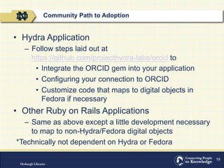 19
•  Hydra Application
–  Follow steps laid out at
https://github.com/projecthydra-labs/orcid to
•  Integrate the ORCID gem into your application
•  Configuring your connection to ORCID
•  Customize code that maps to digital objects in
Fedora if necessary
•  Other Ruby on Rails Applications
–  Same as above except a little development necessary
to map to non-Hydra/Fedora digital objects
*Technically not dependent on Hydra or Fedora
Community Path to Adoption
 