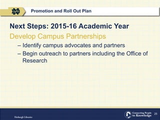 25
Next Steps: 2015-16 Academic Year
Develop Campus Partnerships
–  Identify campus advocates and partners
–  Begin outreach to partners including the Office of
Research
Promotion and Roll Out Plan
 
