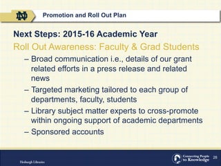 28
Next Steps: 2015-16 Academic Year
Roll Out Awareness: Faculty & Grad Students
–  Broad communication i.e., details of our grant
related efforts in a press release and related
news
–  Targeted marketing tailored to each group of
departments, faculty, students
–  Library subject matter experts to cross-promote
within ongoing support of academic departments
–  Sponsored accounts
Promotion and Roll Out Plan
 