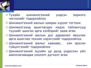  Тухайн шинжилгээний үндсэн зорилго
чиглэлийг тодорхойлох
 Шинжилгээний ажлын хамрах хүрээг тогтоох
 Шинжилгээнд ашиглагдах мэдээ тайлангууд
түүнийг шалгах арга хэлбэрийг зааж өгөх
 Шинжилгээний ажлын дэс дараалал явуулах
арга ашиглах техник хэрэгслийг тодорхойлох
 Шинжилгээний ажлыг хаанаас, хэн эрхлэн
гүйцэтгэхийг тодорхойлох
 Шинжилгээний эцсийн үр дүнд үндэслэн үйл
ажиллагаандаа үнэлэлт дүгнэлт өгөх
www.themegallery.com Company Name
 