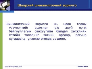 Шуурхай шинжилгээний зорилго
Шинжилгээний зорилго нь цөөн тооны
үзүүлэлтийг ашиглан аж ахуй нэгж
байгууллагын санхүүгийн байдал хөгжлийн
хэтийн төлөвийг энгийн аргаар, богино
хугацаанд үнэлгээ өгөхөд оршино.
www.themegallery.com Company Name
 