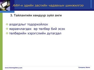 ААН-н эдийн засгийн чадавхын шинжилгээ
3. Тайлангийн хөндүүр зүйл анги
 алдагдлыг тодорхойлох
 яаравчлагдах өр төлбөр бий эсэх
 төлбөрийн хэрэгслийн дутагдал
www.themegallery.com Company Name
 