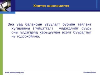 www.themegallery.com Company Name
Хэвтээ шинжилгээ
Энэ үед балансын үзүүлэлт бүрийн тайлант
хугацааны (гүйцэтгэл) үлдэгдлийг суурь
оны үлдэгдэлд харьцуулан өсөлт бууралтыг
нь тодорхойлно.
 