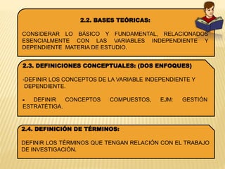 2.2. BASES TEÓRICAS:
CONSIDERAR LO BÁSICO Y FUNDAMENTAL, RELACIONADOS
ESENCIALMENTE CON LAS VARIABLES INDEPENDIENTE Y
DEPENDIENTE MATERIA DE ESTUDIO.
2.3. DEFINICIONES CONCEPTUALES: (DOS ENFOQUES)
-DEFINIR LOS CONCEPTOS DE LA VARIABLE INDEPENDIENTE Y
DEPENDIENTE.
- DEFINIR CONCEPTOS COMPUESTOS, EJM: GESTIÓN
ESTRATÉTIGA.
2.4. DEFINICIÓN DE TÉRMINOS:
DEFINIR LOS TÉRMINOS QUE TENGAN RELACIÓN CON EL TRABAJO
DE INVESTIGACIÓN.
 