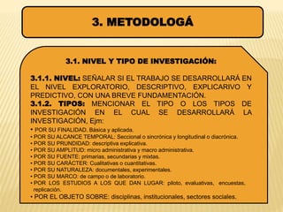 3. METODOLOGÁ
3.1. NIVEL Y TIPO DE INVESTIGACIÓN:
3.1.1. NIVEL: SEÑALAR SI EL TRABAJO SE DESARROLLARÁ EN
EL NIVEL EXPLORATORIO, DESCRIPTIVO, EXPLICARIVO Y
PREDICTIVO, CON UNA BREVE FUNDAMENTACIÓN.
3.1.2. TIPOS: MENCIONAR EL TIPO O LOS TIPOS DE
INVESTIGACIÓN EN EL CUAL SE DESARROLLARÁ LA
INVESTIGACIÓN, Ejm:
• POR SU FINALIDAD. Básica y aplicada.
• POR SU ALCANCE TEMPORAL: Seccional o sincrónica y longitudinal o diacrónica.
• POR SU PRUNDIDAD: descriptiva explicativa.
• POR SU AMPLITUD: micro administrativa y macro administrativa.
• POR SU FUENTE: primarias, secundarias y mixtas.
• POR SU CARÁCTER: Cualitativas o cuantitativas.
• POR SU NATURALEZA: documentales, experimentales.
• POR SU MARCO: de campo o de laboratorio.
• POR LOS ESTUDIOS A LOS QUE DAN LUGAR: piloto, evaluativas, encuestas,
replicación.
• POR EL OBJETO SOBRE: disciplinas, institucionales, sectores sociales.
 
