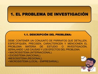 1. EL PROBLEMA DE INVESTIGACIÓN
1.1. DESCRIPCIÓN DEL PROBLEMA:
DEBE CONTENER UN CONJUNTO DE PÁRRAFOS QUE DETALLEN,
ESPECIFIQUEN, PRECISEN, CARACTERICEN Y MENCIONEN EL
PROBLEMA MATERIA DE ESTUDIO O INVESTIGACIÓN,
SEÑALANDO LAS CAUSAS Y LOS EFECTOS DEL PROBLEMA.
• MACROSISTEMA (INTERNACIONAL).
• EXOSISTEMA (NACIONAL).
•MESOSISTEMA (REGIONAL).
• MICROSISTEMA (LOCAL - EMPRESARIAL).
 