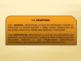 1.3. OBJETIVOS:
1.3.1. GENERAL: MENCIONAR LO QUE SE PRETENDE LOGRAR AL
FINALIZAR LA INVESTIGACIÓN Y DEBE ESTAR FORMULADA EN
RELACIÓN DIRECTA AL PROBLEMA GENERAL PLANTEADO.
1.3.2. ESPECÍFICOS: MENCIONAR LO QUE SE VA A DESARROLLAR
DURANTE LA INVESTIGACIÓN Y DEBEN ESTAR FORMULADOS EN
RELACIÓN DIRECTA A LOS PROBLEMAS ESPECÍFICOS
PLANTEADOS. (SE CARATERIZAN POR SER OPERATIVOS).
 
