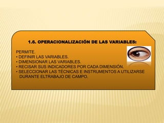 1.6. OPERACIONALIZACIÓN DE LAS VARIABLES:
PERMITE.
• DEFINIR LAS VARIABLES.
• DIMENSIONAR LAS VARIABLES.
• RECISAR SUS INDICADORES POR CADA DIMENSIÓN.
• SELECCIONAR LAS TÉCNICAS E INSTRUMENTOS A UTILIZARSE
DURANTE ELTRABAJO DE CAMPO.
 