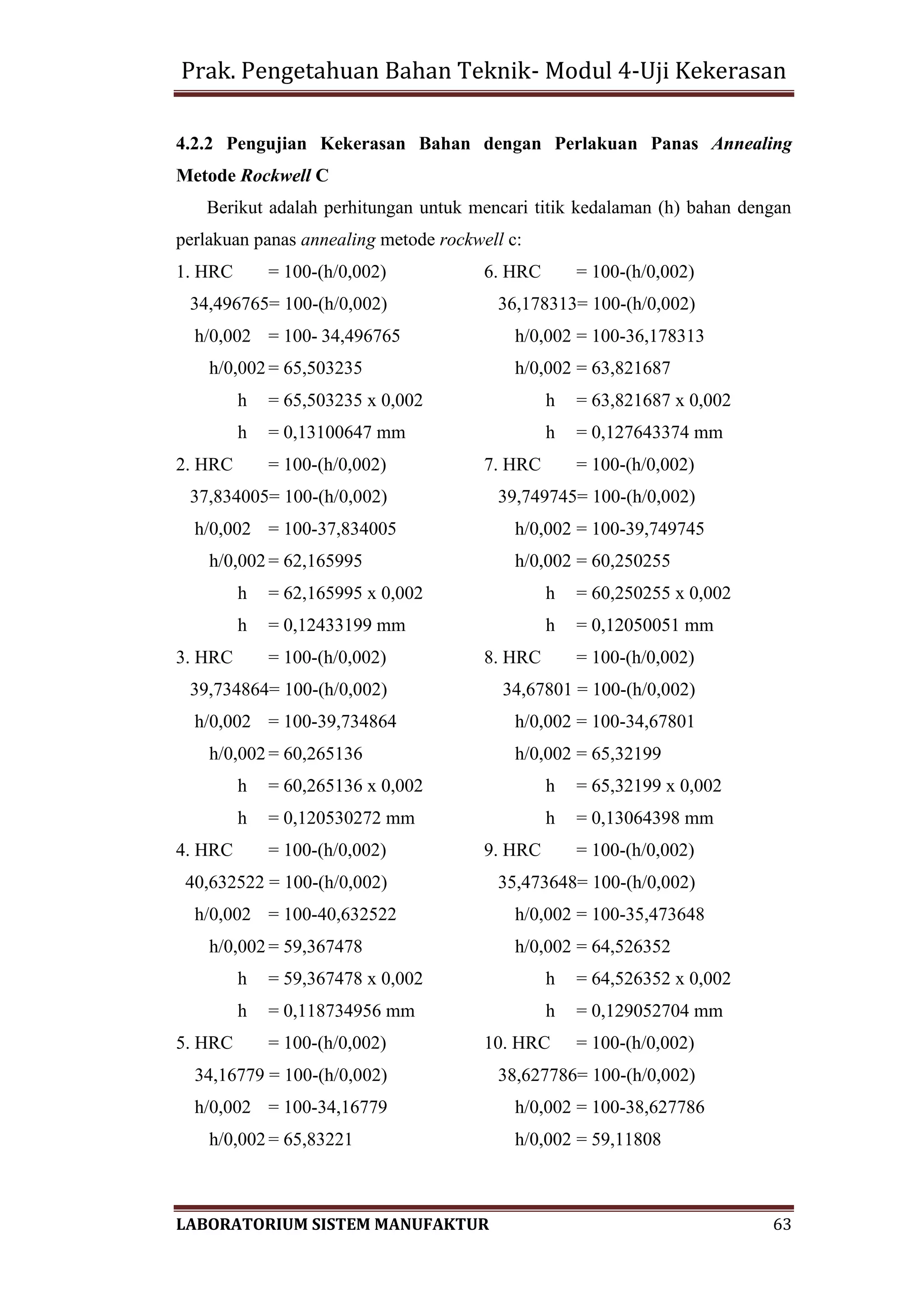 Prak. Pengetahuan Bahan Teknik- Modul 4-Uji Kekerasan
LABORATORIUM SISTEM MANUFAKTUR 63
4.2.2 Pengujian Kekerasan Bahan dengan Perlakuan Panas Annealing
Metode Rockwell C
Berikut adalah perhitungan untuk mencari titik kedalaman (h) bahan dengan
perlakuan panas annealing metode rockwell c:
1. HRC = 100-(h/0,002) 6. HRC = 100-(h/0,002)
34,496765= 100-(h/0,002) 36,178313= 100-(h/0,002)
h/0,002 = 100- 34,496765 h/0,002 = 100-36,178313
h/0,002 = 65,503235 h/0,002 = 63,821687
h = 65,503235 x 0,002 h = 63,821687 x 0,002
h = 0,13100647 mm h = 0,127643374 mm
2. HRC = 100-(h/0,002) 7. HRC = 100-(h/0,002)
37,834005= 100-(h/0,002) 39,749745= 100-(h/0,002)
h/0,002 = 100-37,834005 h/0,002 = 100-39,749745
h/0,002 = 62,165995 h/0,002 = 60,250255
h = 62,165995 x 0,002 h = 60,250255 x 0,002
h = 0,12433199 mm h = 0,12050051 mm
3. HRC = 100-(h/0,002) 8. HRC = 100-(h/0,002)
39,734864= 100-(h/0,002) 34,67801 = 100-(h/0,002)
h/0,002 = 100-39,734864 h/0,002 = 100-34,67801
h/0,002 = 60,265136 h/0,002 = 65,32199
h = 60,265136 x 0,002 h = 65,32199 x 0,002
h = 0,120530272 mm h = 0,13064398 mm
4. HRC = 100-(h/0,002) 9. HRC = 100-(h/0,002)
40,632522 = 100-(h/0,002) 35,473648= 100-(h/0,002)
h/0,002 = 100-40,632522 h/0,002 = 100-35,473648
h/0,002 = 59,367478 h/0,002 = 64,526352
h = 59,367478 x 0,002 h = 64,526352 x 0,002
h = 0,118734956 mm h = 0,129052704 mm
5. HRC = 100-(h/0,002) 10. HRC = 100-(h/0,002)
34,16779 = 100-(h/0,002) 38,627786= 100-(h/0,002)
h/0,002 = 100-34,16779 h/0,002 = 100-38,627786
h/0,002 = 65,83221 h/0,002 = 59,11808
 