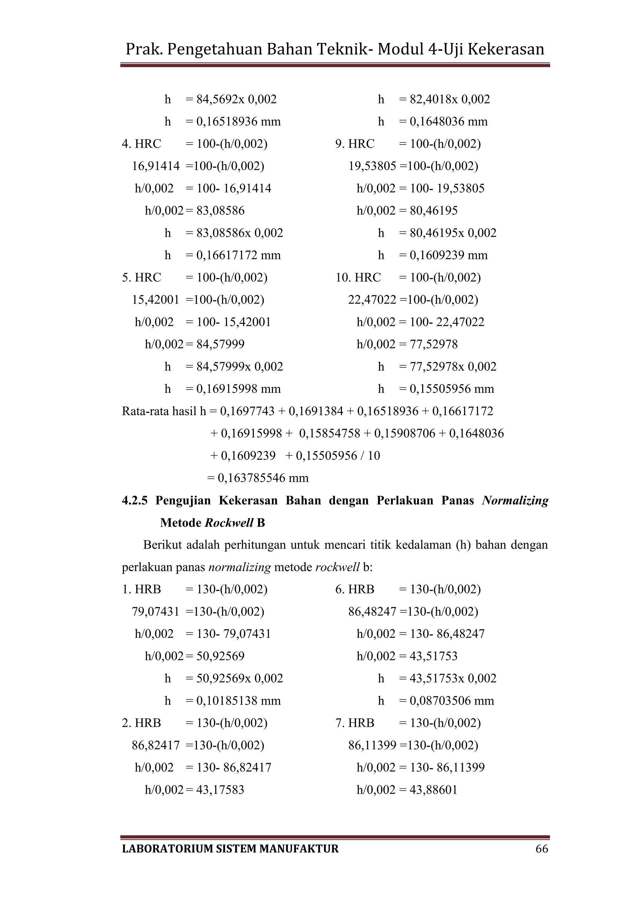 Prak. Pengetahuan Bahan Teknik- Modul 4-Uji Kekerasan
LABORATORIUM SISTEM MANUFAKTUR 66
h = 84,5692x 0,002 h = 82,4018x 0,002
h = 0,16518936 mm h = 0,1648036 mm
4. HRC = 100-(h/0,002) 9. HRC = 100-(h/0,002)
16,91414 =100-(h/0,002) 19,53805 =100-(h/0,002)
h/0,002 = 100- 16,91414 h/0,002 = 100- 19,53805
h/0,002 = 83,08586 h/0,002 = 80,46195
h = 83,08586x 0,002 h = 80,46195x 0,002
h = 0,16617172 mm h = 0,1609239 mm
5. HRC = 100-(h/0,002) 10. HRC = 100-(h/0,002)
15,42001 =100-(h/0,002) 22,47022 =100-(h/0,002)
h/0,002 = 100- 15,42001 h/0,002 = 100- 22,47022
h/0,002 = 84,57999 h/0,002 = 77,52978
h = 84,57999x 0,002 h = 77,52978x 0,002
h = 0,16915998 mm h = 0,15505956 mm
Rata-rata hasil h = 0,1697743 + 0,1691384 + 0,16518936 + 0,16617172
+ 0,16915998 + 0,15854758 + 0,15908706 + 0,1648036
+ 0,1609239 + 0,15505956 / 10
= 0,163785546 mm
4.2.5 Pengujian Kekerasan Bahan dengan Perlakuan Panas Normalizing
Metode Rockwell B
Berikut adalah perhitungan untuk mencari titik kedalaman (h) bahan dengan
perlakuan panas normalizing metode rockwell b:
1. HRB = 130-(h/0,002) 6. HRB = 130-(h/0,002)
79,07431 =130-(h/0,002) 86,48247 =130-(h/0,002)
h/0,002 = 130- 79,07431 h/0,002 = 130- 86,48247
h/0,002 = 50,92569 h/0,002 = 43,51753
h = 50,92569x 0,002 h = 43,51753x 0,002
h = 0,10185138 mm h = 0,08703506 mm
2. HRB = 130-(h/0,002) 7. HRB = 130-(h/0,002)
86,82417 =130-(h/0,002) 86,11399 =130-(h/0,002)
h/0,002 = 130- 86,82417 h/0,002 = 130- 86,11399
h/0,002= 43,17583 h/0,002 = 43,88601
 