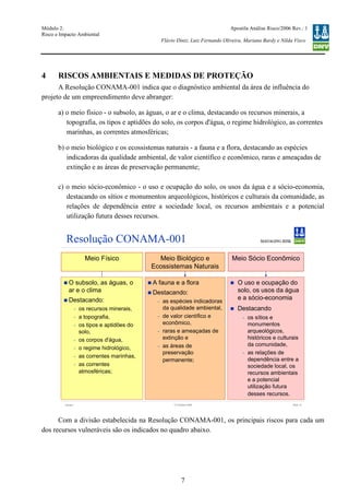 Módulo 2:
Risco e Impacto Ambiental
– WO 53705093
Apostila Análise Risco/2006 Rev.: 1
Flávio Diniz, Luiz Fernando Oliveira, Mariana Bardy e Nilda Visco
7
4 RISCOS AMBIENTAIS E MEDIDAS DE PROTEÇÃO
A Resolução CONAMA-001 indica que o diagnóstico ambiental da área de influência do
projeto de um empreendimento deve abranger:
a) o meio físico - o subsolo, as águas, o ar e o clima, destacando os recursos minerais, a
topografia, os tipos e aptidões do solo, os corpos d'água, o regime hidrológico, as correntes
marinhas, as correntes atmosféricas;
b) o meio biológico e os ecossistemas naturais - a fauna e a flora, destacando as espécies
indicadoras da qualidade ambiental, de valor científico e econômico, raras e ameaçadas de
extinção e as áreas de preservação permanente;
c) o meio sócio-econômico - o uso e ocupação do solo, os usos da água e a sócio-economia,
destacando os sítios e monumentos arqueológicos, históricos e culturais da comunidade, as
relações de dependência entre a sociedade local, os recursos ambientais e a potencial
utilização futura desses recursos.
Com a divisão estabelecida na Resolução CONAMA-001, os principais riscos para cada um
dos recursos vulneráveis são os indicados no quadro abaixo.
Version Slide 1412 October 2006
Resolução CONAMA-001
O subsolo, as águas, o
ar e o clima
Destacando:
- os recursos minerais,
- a topografia,
- os tipos e aptidões do
solo,
- os corpos d'água,
- o regime hidrológico,
- as correntes marinhas,
- as correntes
atmosféricas;
A fauna e a flora
Destacando:
- as espécies indicadoras
da qualidade ambiental,
- de valor científico e
econômico,
- raras e ameaçadas de
extinção e
- as áreas de
preservação
permanente;
O uso e ocupação do
solo, os usos da água
e a sócio-economia
Destacando
- os sítios e
monumentos
arqueológicos,
históricos e culturais
da comunidade,
- as relações de
dependência entre a
sociedade local, os
recursos ambientais
e a potencial
utilização futura
desses recursos.
Meio Físico Meio Biológico e
Ecossistemas Naturais
Meio Sócio Econômico
 