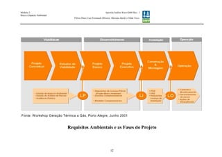Módulo 2:
Risco e Impacto Ambiental
– WO 53705093
Apostila Análise Risco/2006 Rev.: 1
Flávio Diniz, Luiz Fernando Oliveira, Mariana Bardy e Nilda Visco
12
Requisitos Ambientais e as Fases do Projeto
Fonte: Workshop Geração Térmica a Gás, Porto Alegre, Junho 2001
 