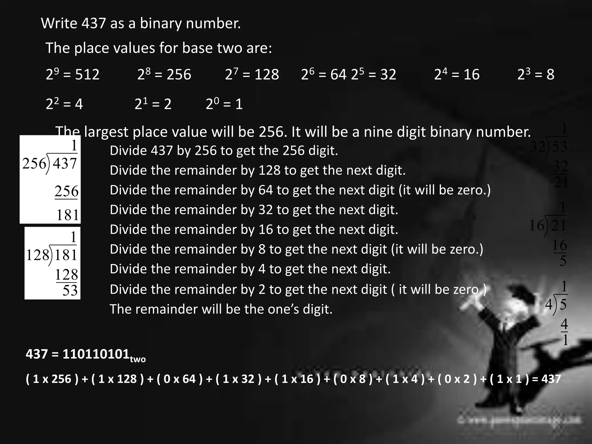 Write 437 as a binary number.
The place values for base two are:
29 = 512 28 = 256 27 = 128 26 = 64 25 = 32 24 = 16 23 = 8
22 = 4 21 = 2 20 = 1
The largest place value will be 256. It will be a nine digit binary number.
181
256
1
437256
Divide 437 by 256 to get the 256 digit.
53
128
1
181128
The remainder will be the one’s digit.
437 = 110110101two
( 1 x 256 ) + ( 1 x 128 ) + ( 0 x 64 ) + ( 1 x 32 ) + ( 1 x 16 ) + ( 0 x 8 ) + ( 1 x 4 ) + ( 0 x 2 ) + ( 1 x 1 ) = 437
Divide the remainder by 128 to get the next digit.
Divide the remainder by 64 to get the next digit (it will be zero.)
Divide the remainder by 32 to get the next digit.
21
32
1
5332
Divide the remainder by 16 to get the next digit.
5
16
1
2116
Divide the remainder by 8 to get the next digit (it will be zero.)
Divide the remainder by 4 to get the next digit.
1
4
1
54
Divide the remainder by 2 to get the next digit ( it will be zero.)
 