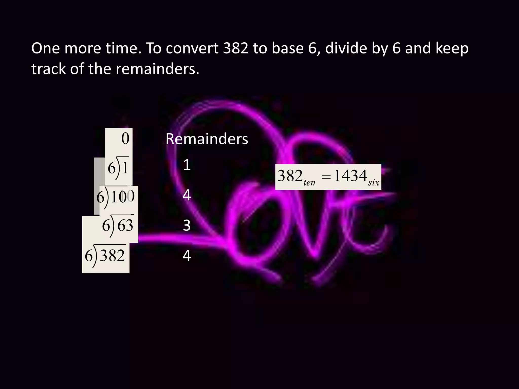 One more time. To convert 382 to base 6, divide by 6 and keep
track of the remainders.
382 1434ten six
63
6 382
10
6 63
1
6 10
0
6 1
4
3
1
4
Remainders
 
