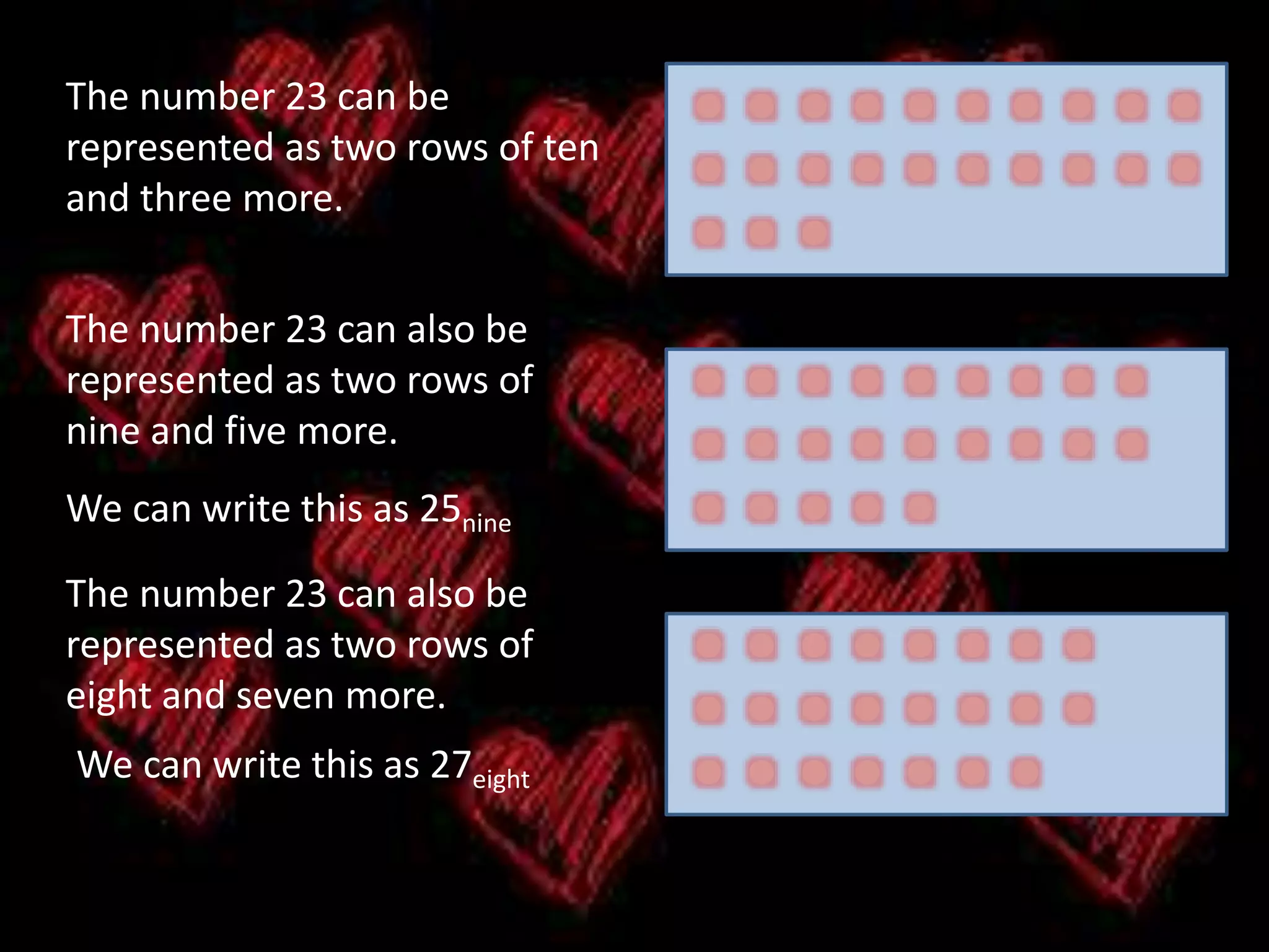 The number 23 can be
represented as two rows of ten
and three more.
The number 23 can also be
represented as two rows of
eight and seven more.
We can write this as 27eight
The number 23 can also be
represented as two rows of
nine and five more.
We can write this as 25nine
 